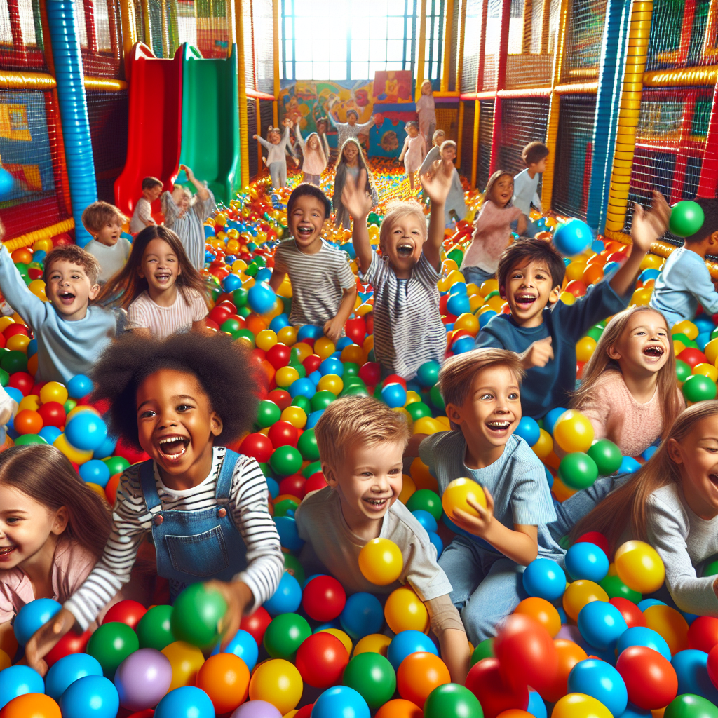 Niños jugando en parque de bolas colorido